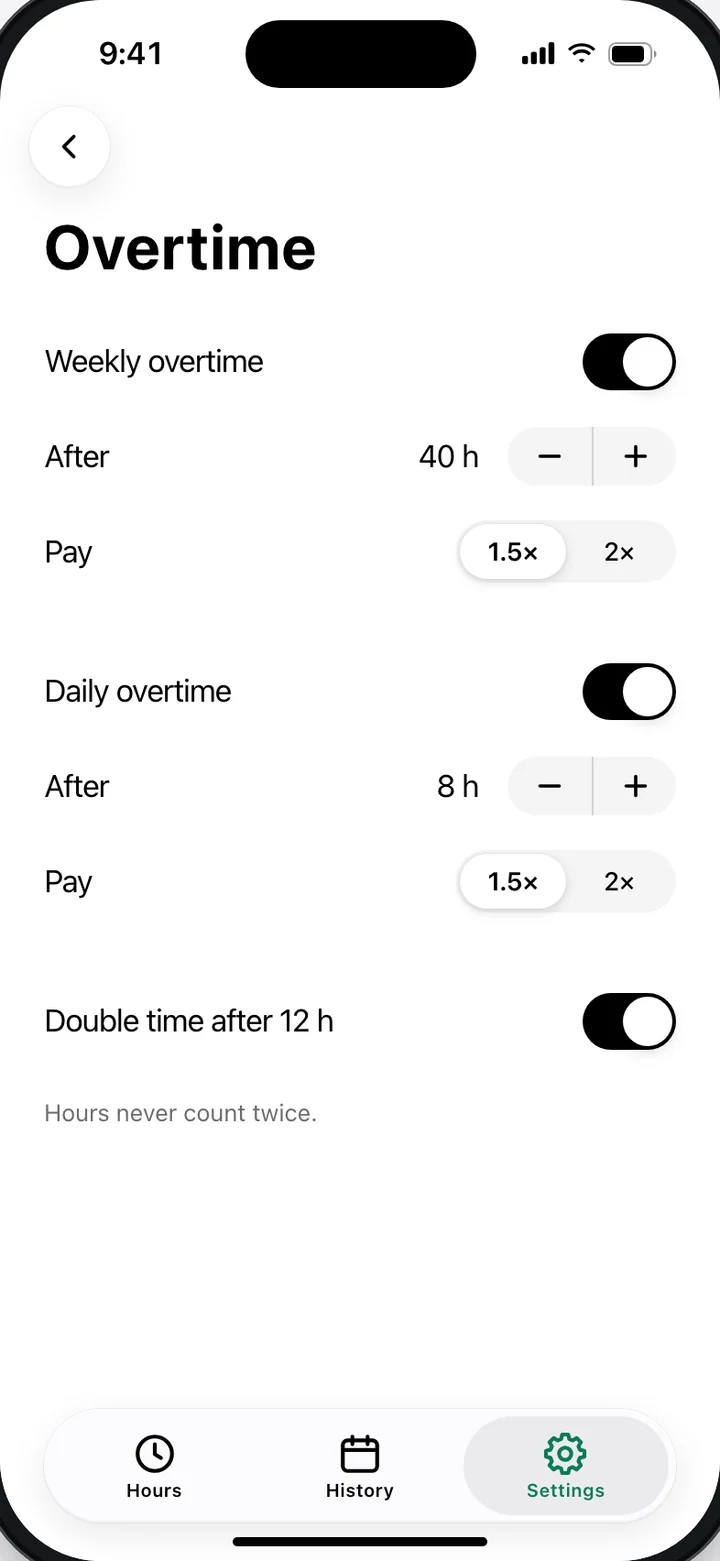 Clockroo overtime settings: weekly overtime after 40 hours and daily overtime after 8 hours, both at 1.5 times pay.