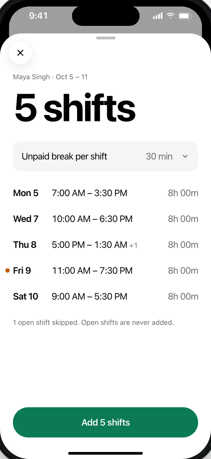 Clockroo review screen listing five shifts read from a scanned schedule, with an Add 5 shifts button.